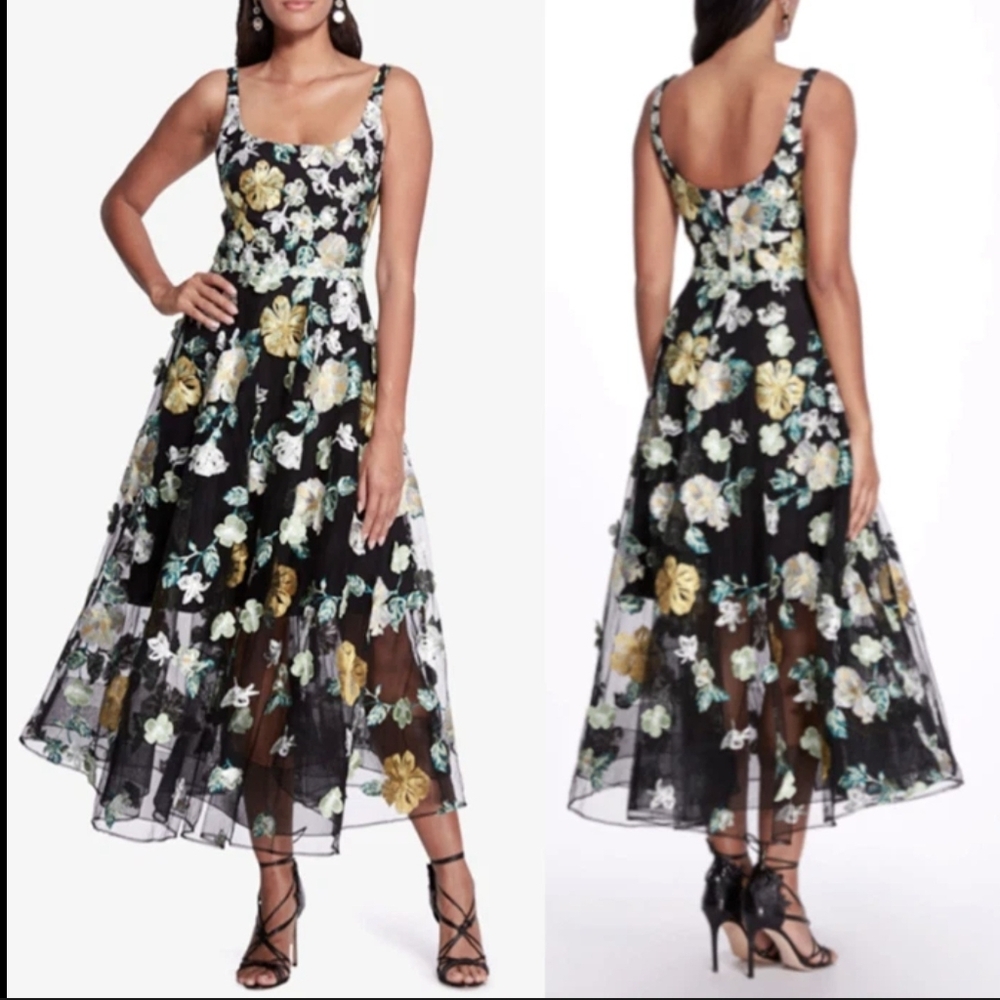 Marchesa Notte Floral Applique 3D Embroidered Tea Length Gown Tulle Size 8 - Picture 3 of 17